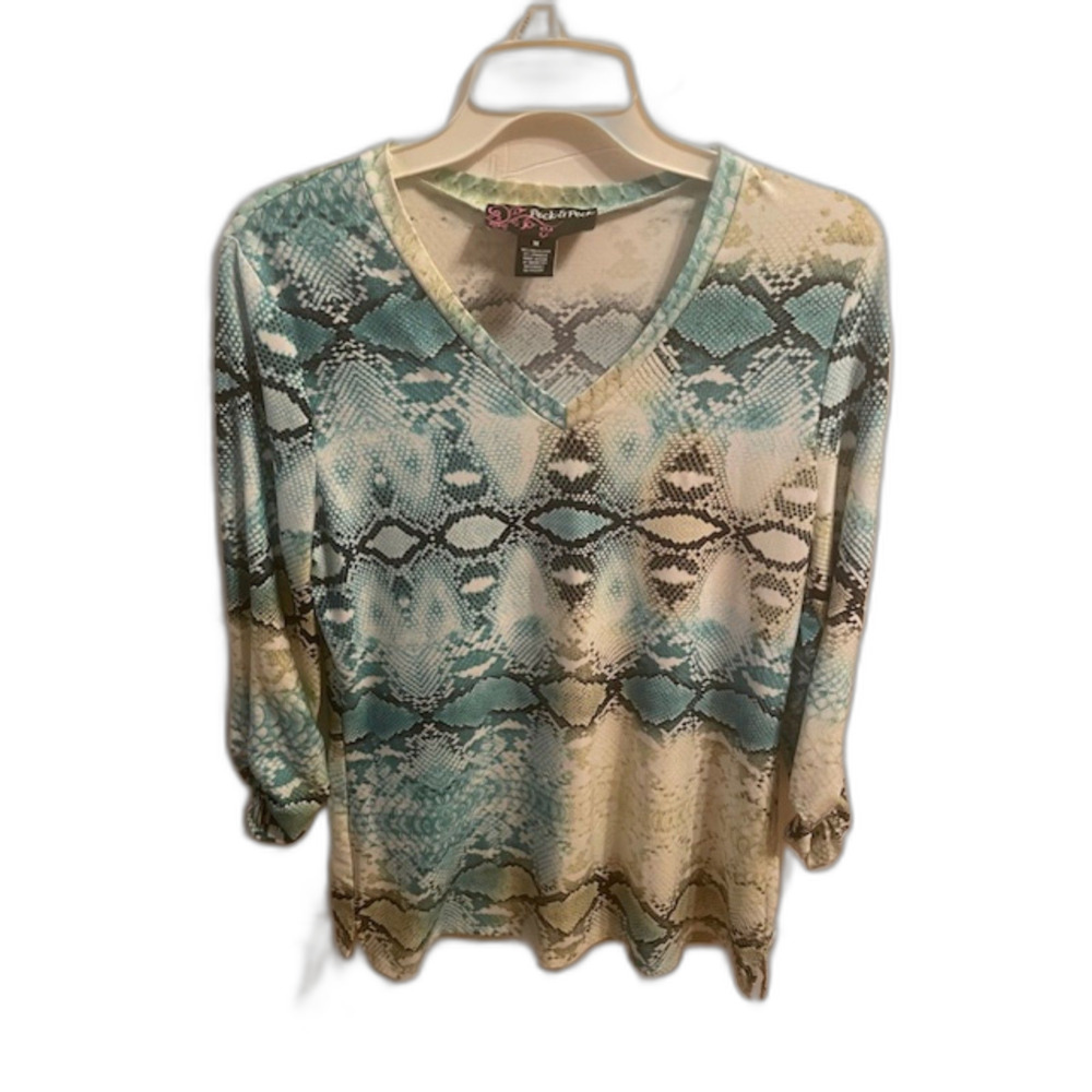 Peck & Peck Teal And Cream Snakeskin Print V-Neck Top Medium